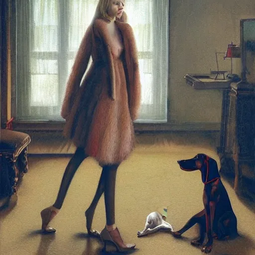 Prompt: Elle Fanning and a Doberman, extremely detailed masterpiece, illustration, by Michael Sowa,
