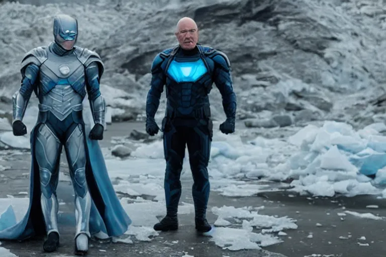 Prompt: promotional image of bald Bryan Cranston as a new superhero called Meth-Man in Avengers: Endgame (2019), icy blue plate armor, stern expression, movie still frame, promotional image, imax 70 mm footage