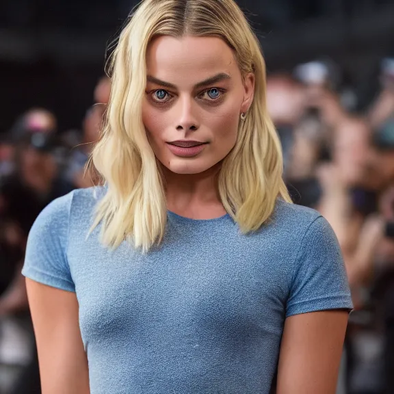 Image similar to Margot Robbie wearing a short and a t-shirt, ultra realistic, 8K resolution, detailed,