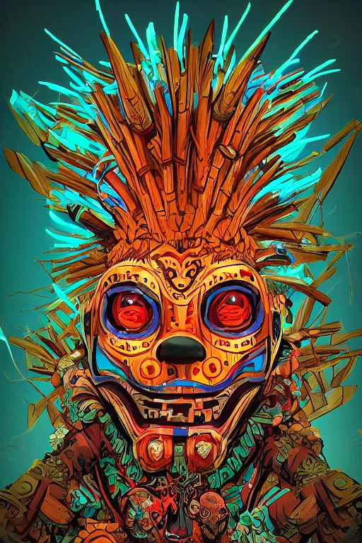 Image similar to totem animal tribal chaman vodoo mask feather gemstone plant wood rock video game illustration vivid color borderlands by josan gonzales and dan mumford radiating a glowing aura global illumination ray tracing