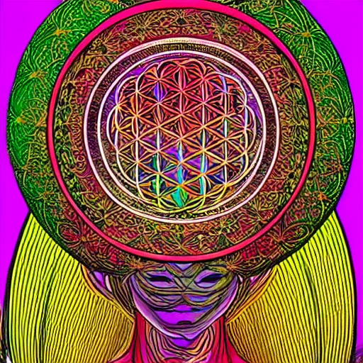 Image similar to flower of life godess portrait in the style of Alex grey