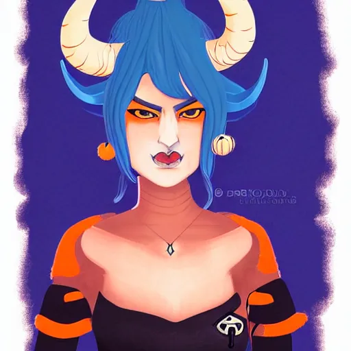 Image similar to illustrated portrait of ram-horned devil woman with blue bob hairstyle and colored orange skin tone and with solid black eyes and black sclera wearing leather by rossdraws