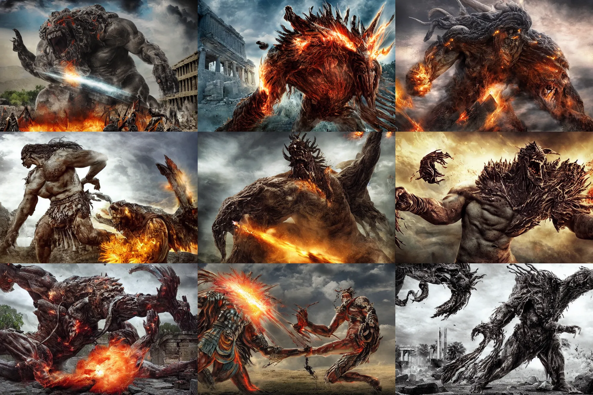 Prompt: large, brutal monster exploding. outside of ancient greek temple. bollywood fantasy action movie still. horrible battle. many scars. death.