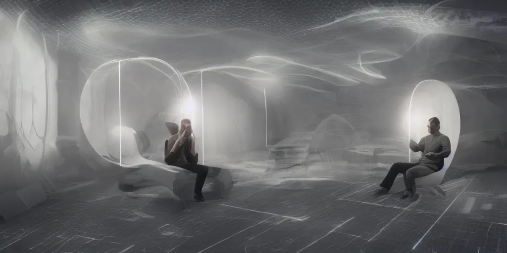 Prompt: a person in a holodeck, incredible concept art, meditating, zen atmosphere, eeg nodes on scalp, photography, photorealistic, studio lighting, many screens,