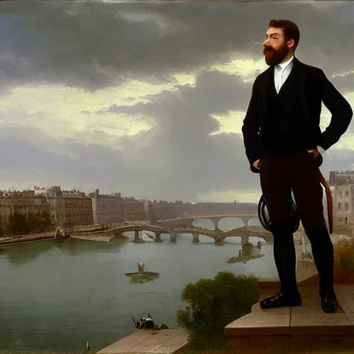 Image similar to mcgregor is dressed as a gentleman at early 2 0 th century paris. he is watching an easel. that easel has a canvas on it. ewan mcgregor has a brush on his hand. he is painting a painting. on background has river seine, morning sun, dark clouds, lightning, by william - adolphe bouguereau