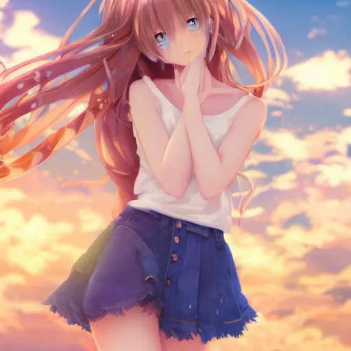 Prompt: a very beautiful anime girl, full body, long golden hair, sky blue eyes, full round face,cute face, short smile, mini jeans skirt, cute top, beach setting, cinematic lighting, medium shot, mid-shot, highly detailed, trending on Artstation, Unreal Engine 4k, cinematic wallpaper by Stanley Artgerm Lau, WLOP, Rossdraws, James Jean, Andrei Riabovitchev, Marc Simonetti, and Sakimichan