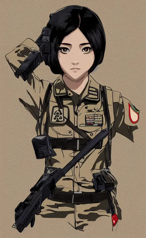 Prompt: T-shirt design, portrait of soldier girl, 2022 anime style, clean logo, graphic templates, flight squadron insignia, vintage colors, soldier clothing, realistic military gear, inspired by shirt designer, made in blender, no background, vector line art, by ilya kuvshinov, trending on teemill, symbology, realistic human anatomy, high resolution, matte, empty hands, realistic military carrier