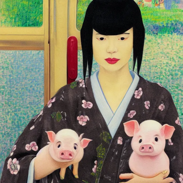 Image similar to tall emo female artist holding small portraits and piglet on a train, wearing a kimono, on yamanote line in japan, tokyo station, summer, sweat, ice coffee, pigs, octopus, acrylic on canvas, surrealist, by magritte and monet