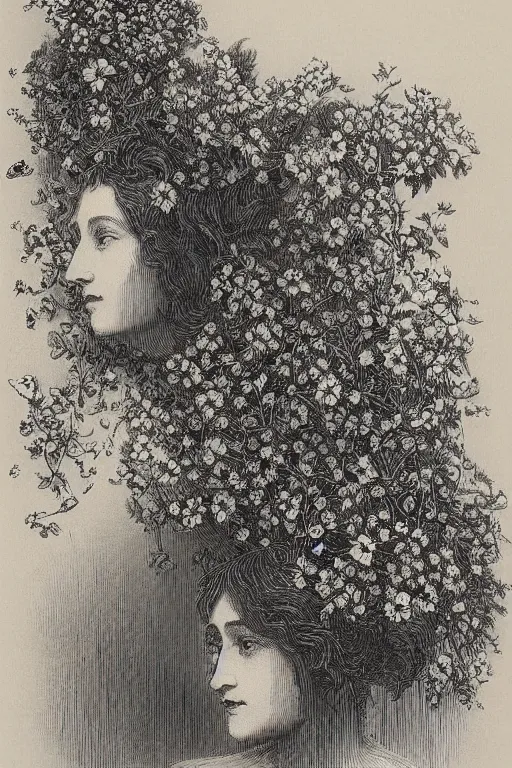 Image similar to black and white, women faces in flowers, Gustave Dore lithography