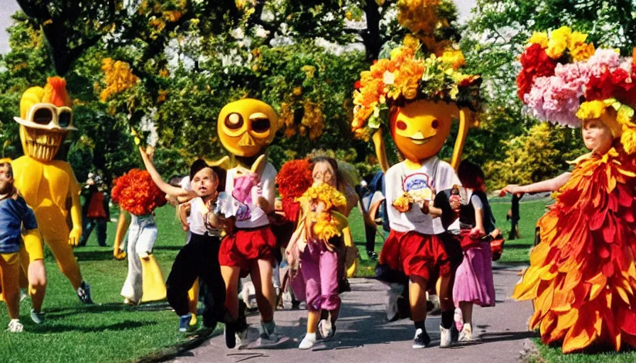 Image similar to 1990s candid photo of a beautiful day at the park, cinematic lighting, cinematic look, golden hour, large personified costumed flower people in the background, Enormous flower people mascots with scary faces chasing kids, kids talking to flower people that are really scary and ruining the day, UHD