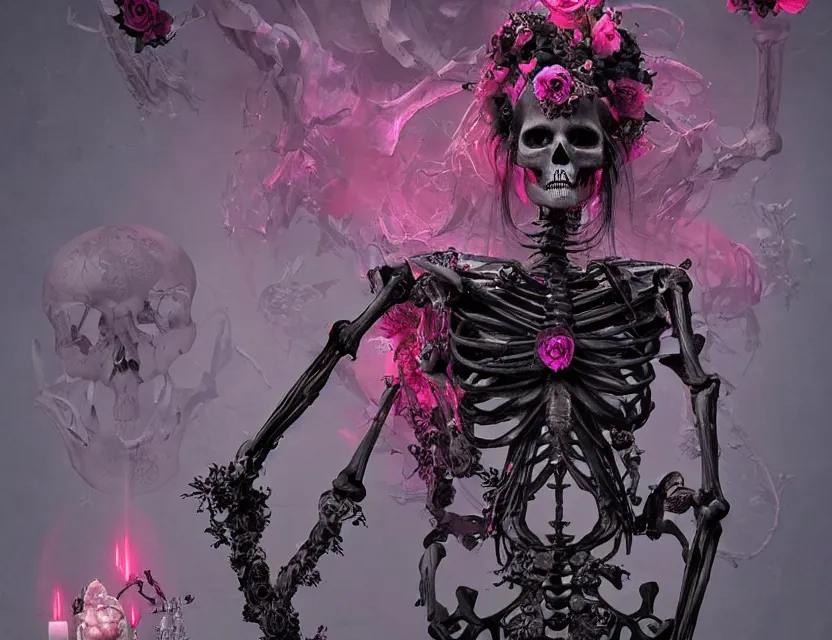 Image similar to a chaotic goddess of death skeleton as a heroine, intricate, elegant skull black rose s day of the dead atmospheric, dramatic, Trending on artstation. augmentations and cybernetic enhancements neon circuits, greg rutkowski , hyperrealist, cinema4D, 8k highly detailed