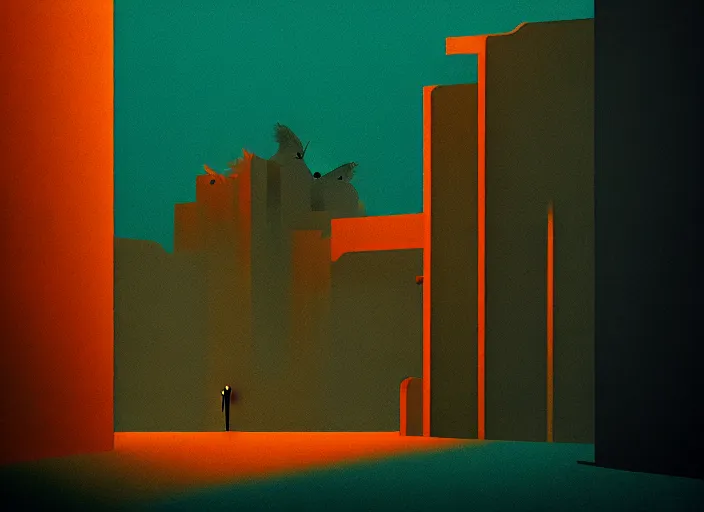 Image similar to editorial illustration by Karolis Strautniekas and Mads Berg, colorful, lonely lost city,a single mad in a hat walking, fine texture,detailed, matte colors,film noir, dramatic lighting, dynamic composition,moody, vivid,voumetric