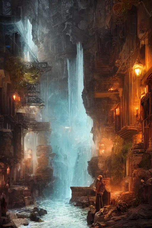 Image similar to inside the antique street of atlantis the city of water, waterfall, intricate, elegant, volumetric lighting, digital painting, highly detailed, artstation, sharp focus, illustration, concept art, ruan jia, steve mccurry