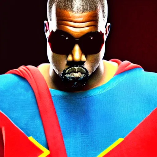 Image similar to Kanye West as superman 4k quality super realistic