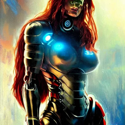 Image similar to full figure bella thorne as ironman, hyperrealistic portrait, bladerunner street, art of elysium by frank frazetta and jeremy mann and alphonse mucha, fantasy art, photo realistic, dynamic lighting, artstation, poster, volumetric lighting, very detailed face, 4 k, award winning