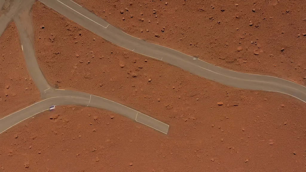 Prompt: high quality photograph of a street in a suburban neighborhood on mars