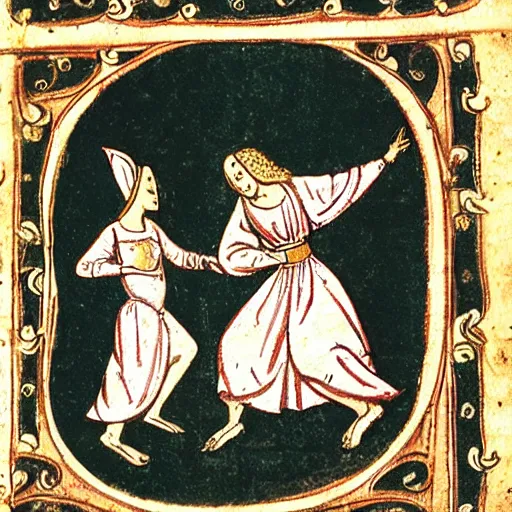 Image similar to a medieval book illustration of a woman and a rabbit dancing at a party