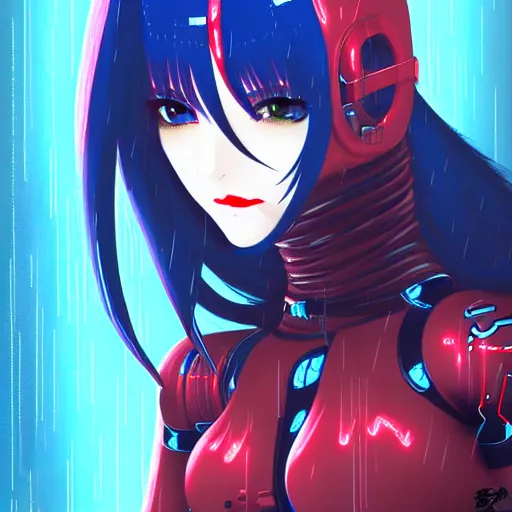 Image similar to seductive female cyborg, in the rain, highly detailed, painting, dark red, azure blue and black color palette, intricate, high quality anime artstyle, in the style of sana takeda
