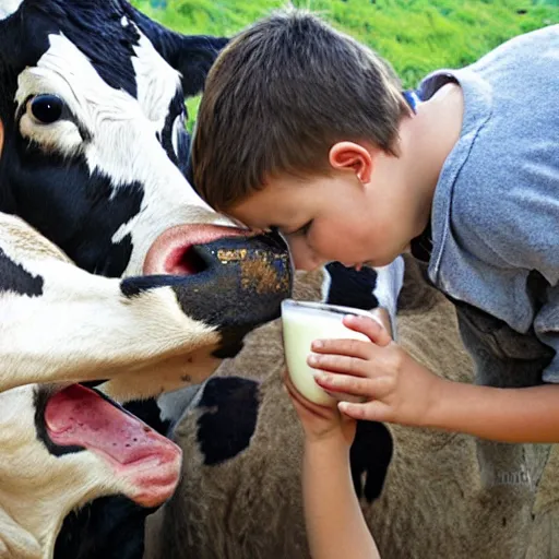 Image similar to photo of a couple of kids drinking milk directly from cow udder, realistic, award winning photo, national geographic