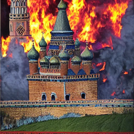 Image similar to high quality image of burning Kremlin, highly detailed