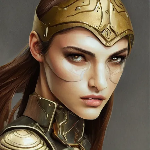 Image similar to a full-face portrait of an attractive young woman, clothed in battle armor, olive skin, long dark hair, beautiful bone structure, symmetrical facial features, intricate, elegant, highly detailed, digital painting, trending on Artstation, concept art, smooth, sharp focus, illustration, from Metal Gear by Ruan Jia and Mandy Jurgens and Artgerm and and william-adolphe bouguerea, award winning