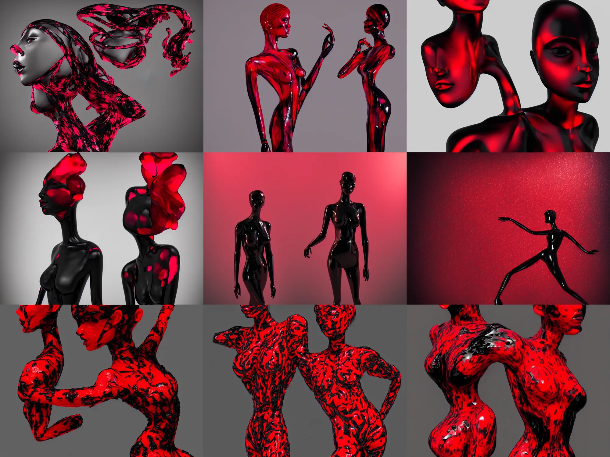 Prompt: a beautiful red and black 3 d geometrically printed mannequin sculpted of glass, orchids dripping black iridescent liquid, confident, moody, dramatic, introspective, 4 k, trending on artstation, photorealistic, volumetric lighting, octane render