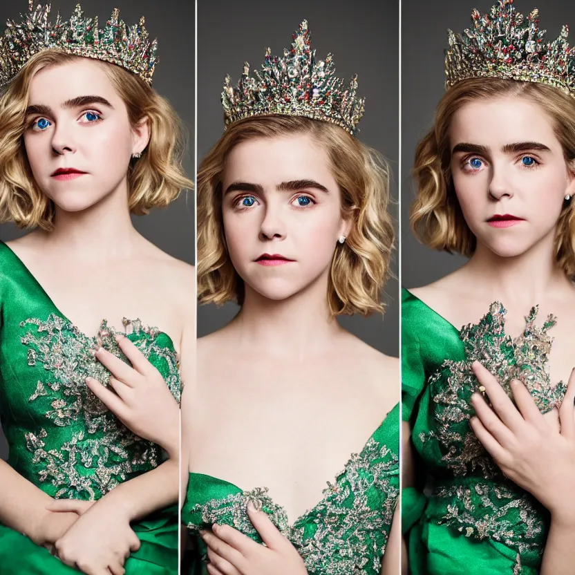 Prompt: kiernan shipka as queen, big crown adorned with emerald, diamonds, topaz and other jewellaries, sensual, beautiful soft light failling on her face, studio photography, nikon 3 5 mm portrait photography, ultra realistic