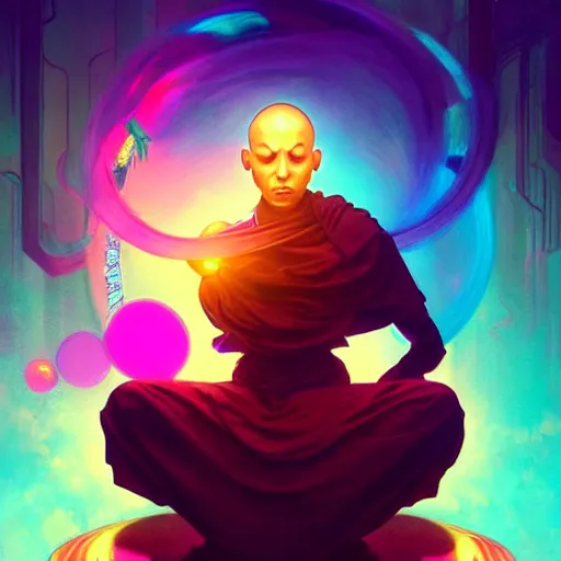 Image similar to a floating monk meditating, channeling swirling energy, wearing cyberpunk clothing, vaporwave aesthetic, colorful, psychedelic, digital painting, artstation, concept art, smooth, sharp focus, illustration, art by artgerm and greg rutkowski and alphonse mucha