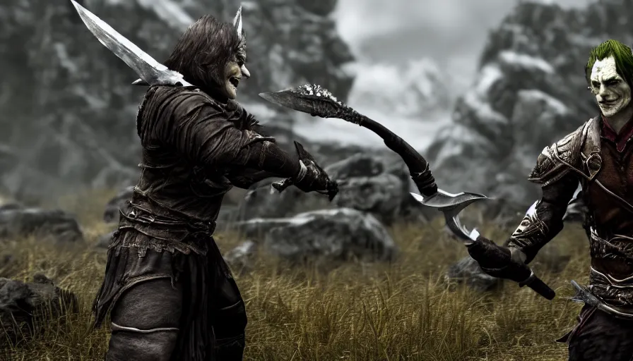 Image similar to skyrim character screenshot of the joker attacking you with an elven mace, enb, 4 k, bokeh, beautiful, detailed