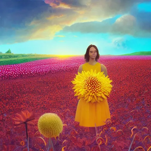 Image similar to giant dahlia flower head, full body girl standing in a flower field, surreal photography, sunrise, dramatic light, impressionist painting, colorful clouds, digital painting, artstation, simon stalenhag