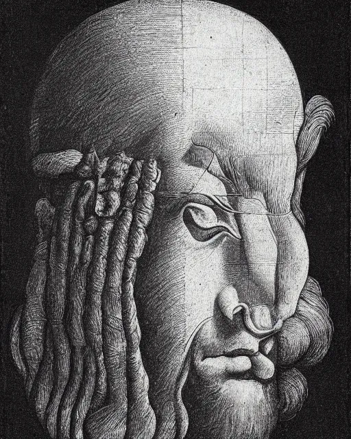 Image similar to head with two faces creature, drawn by da vinci