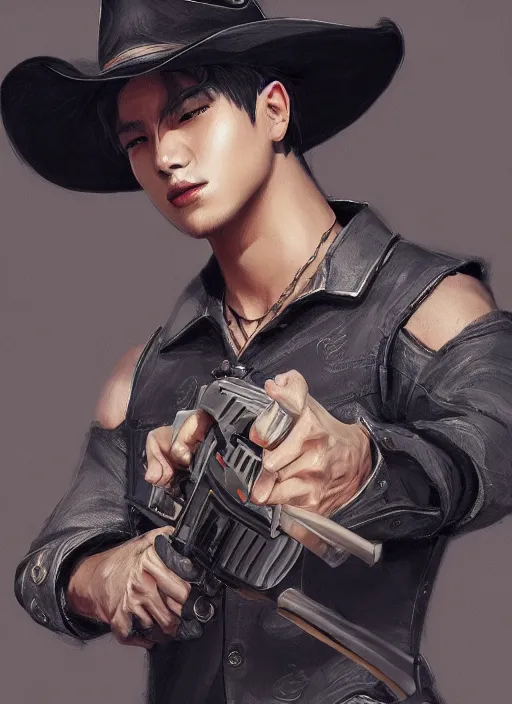 Image similar to a highly detailed illustration of bts v as cowboy wearing black cowboy hat, dramatic wielding gun pose, perfect face, intricate, elegant, highly detailed, centered, digital painting, artstation, concept art, smooth, sharp focus, league of legends concept art, wlop