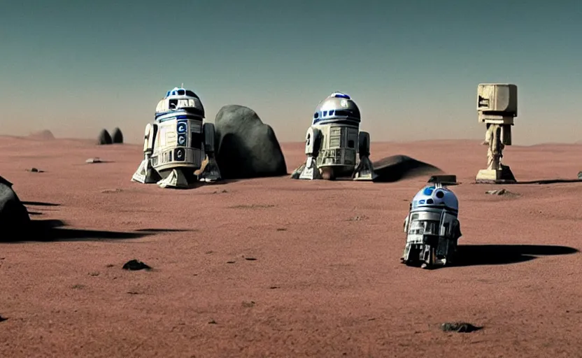 Image similar to a screenshot wide shot of astromech R2-D2 AT-AT land walkers, marching on a surreal red planet landscape, from The Last Jedi, iconic scene from the 1979 film directed by Stanley Kubrick, shot on anamorphic lenses, cinematography, 70mm film, lens flare, kodak color film stock, ektachrome, immensely detailed scene, 4k