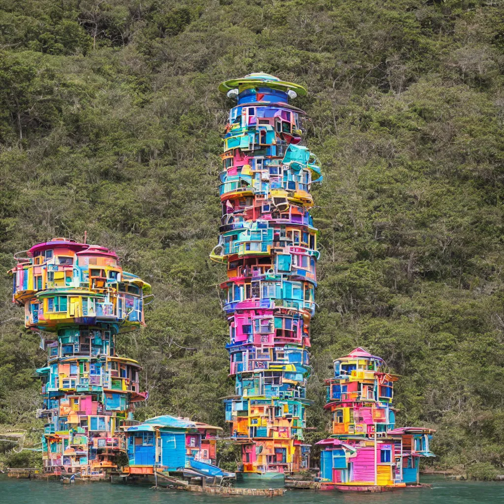 Image similar to a circular tower, made up of colourful makeshift squatter shacks suspended over water, dystopia, sony a 7 r 3, f 1 1, fully frontal view, ultra detailed, photographed by hiroshi sugimoto,