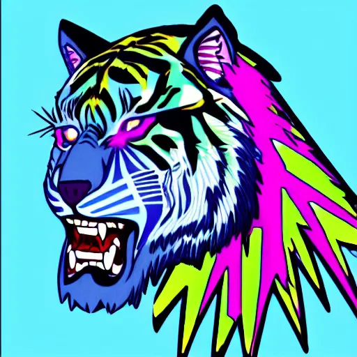 Prompt: drawing of blue tiger head growling looking to the right with hot pink lightning bolt shooting out of its eye to the left