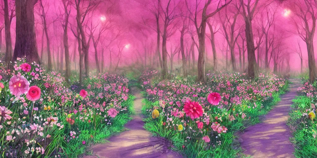 Image similar to path through a wide forest, modern flowers and fierflies, lanterns. pastel!! watercolor art, expansive cinematic view, volumetric shading, intricate and detailed, highly saturated colors. by madeon. breath of the wild style, by hayao miyazaki ghibli!!!. pink!! accents. trending on artstation. award winning