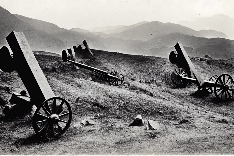 Image similar to artillery pieces entrenched with a beautiful background of hills and mountains, black and white photography, 1 9 0 5