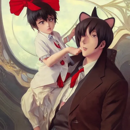 Image similar to beatiful woman wearing cat ears with big sack, and a little boy wearing white shirt and red tie, anime key visual, intricate, stunning, highly detailed, digital painting, artstation, smooth, hard focus, illustration,, art by artgerm and greg rutkowski and alphonse mucha