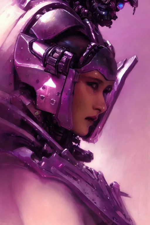 Image similar to extreme close up, facial portrait, woman with a long black ponytail in purple sci - fi armor, kitsune inspired armor, mechanical armor, cybernetic hands, stoic, grim dark, moody, portrait dnd, painting by gaston bussiere, craig mullins, greg rutkowski, yoji shinkawa