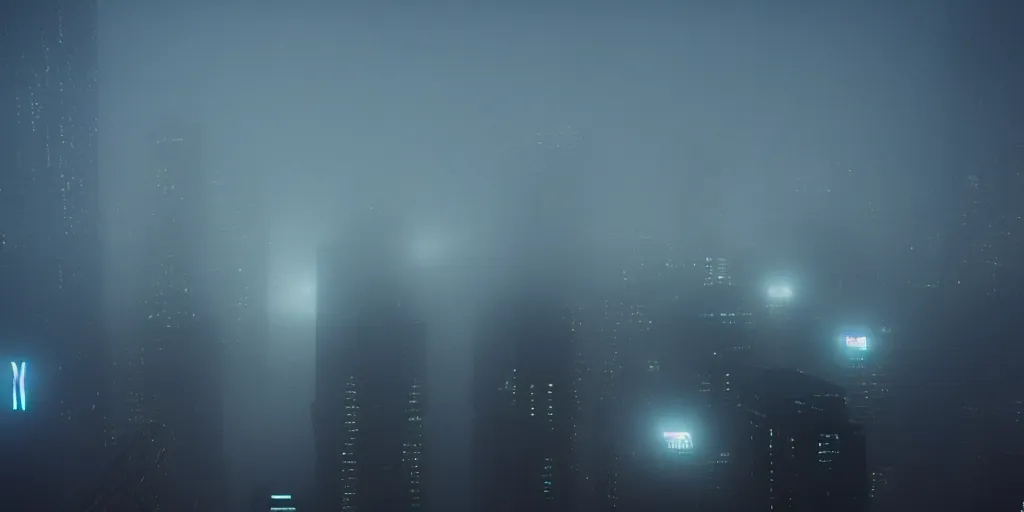 Image similar to eerie fog, giant illuminated advert screens, megacity streets seen from above, neon signs, blade runner, ex machina