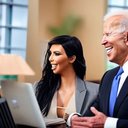 Image similar to stock photo of kim kardashian, and joe biden wearing suits and ties laughing in an office building, 8k resolution, full HD, cinematic lighting, award winning, anatomically correct