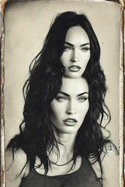 Image similar to a tintype photo of Megan Fox