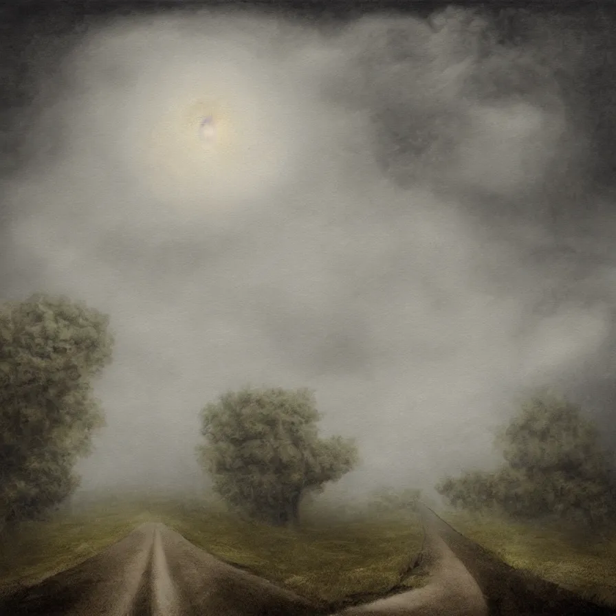 Prompt: surrealist neoclassicist artwork about the road of all possibilities. atmospheric fog. symbolism.