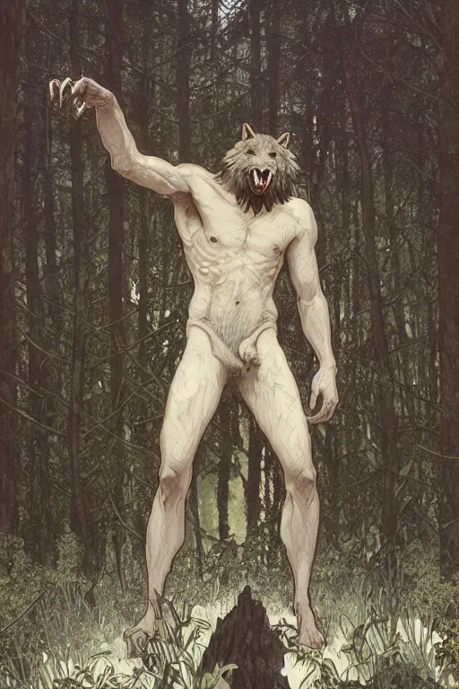 Image similar to fullbody portrait of a male werewolf, bared teeth, long claws, by greg rutkowski and alphonse mucha, gradient brown to silver, in front of a forest at night background, highly detailed, digital painting, artstation, concept art, smooth, sharp focus illustration