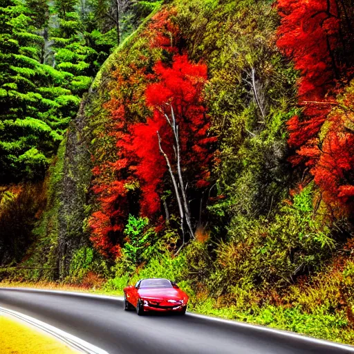 Image similar to red barchetta driving up a mountain with trees on both sides of the road, cinematic, beautiful