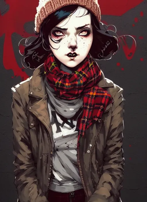 Prompt: highly detailed portrait of a sewer ( ( emo punk ) ) lady student, beanie, tartan scarf, curly hair by atey ghailan, by greg rutkowski, by greg tocchini, by james gilleard, by joe fenton, by kaethe butcher, gradient red, black, brown and cream color scheme, grunge aesthetic!!! graffiti tag wall background