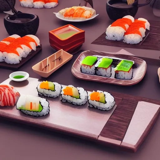 Prompt: eating sushi with friends when a dimensional rift opens up, in the style of Leticia Gillett Hiroya Oku Riyoko Ikeda, 3d render, artstation trending, 8k, octane render, photorealistic, sharp detail, manga