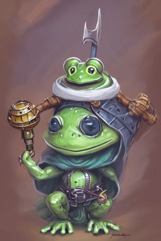 Image similar to cute anthropomorphic frog knight wearing a cape and a Viking helmet and holding lantern, tiny, small, miniature frog, baby animal, short, pale blue armor, cute and adorable, pretty, beautiful, DnD character art portrait, matte fantasy painting, DeviantArt Artstation, by Jason Felix by Steve Argyle by Tyler Jacobson by Peter Mohrbacher, cinematic lighting