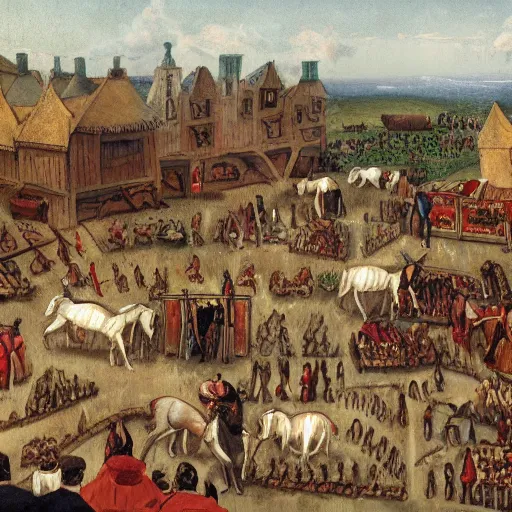 Prompt: a medieval horse market