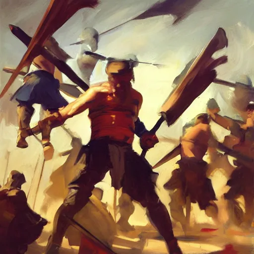 Image similar to greg manchess portrait painting of people stripping over a pile of swords in an arena, medium shot, asymmetrical, profile picture, organic painting, sunny day, matte painting, bold shapes, hard edges, street art, trending on artstation, by huang guangjian, gil elvgren, ruan jia, randy vargas, greg rutkowski